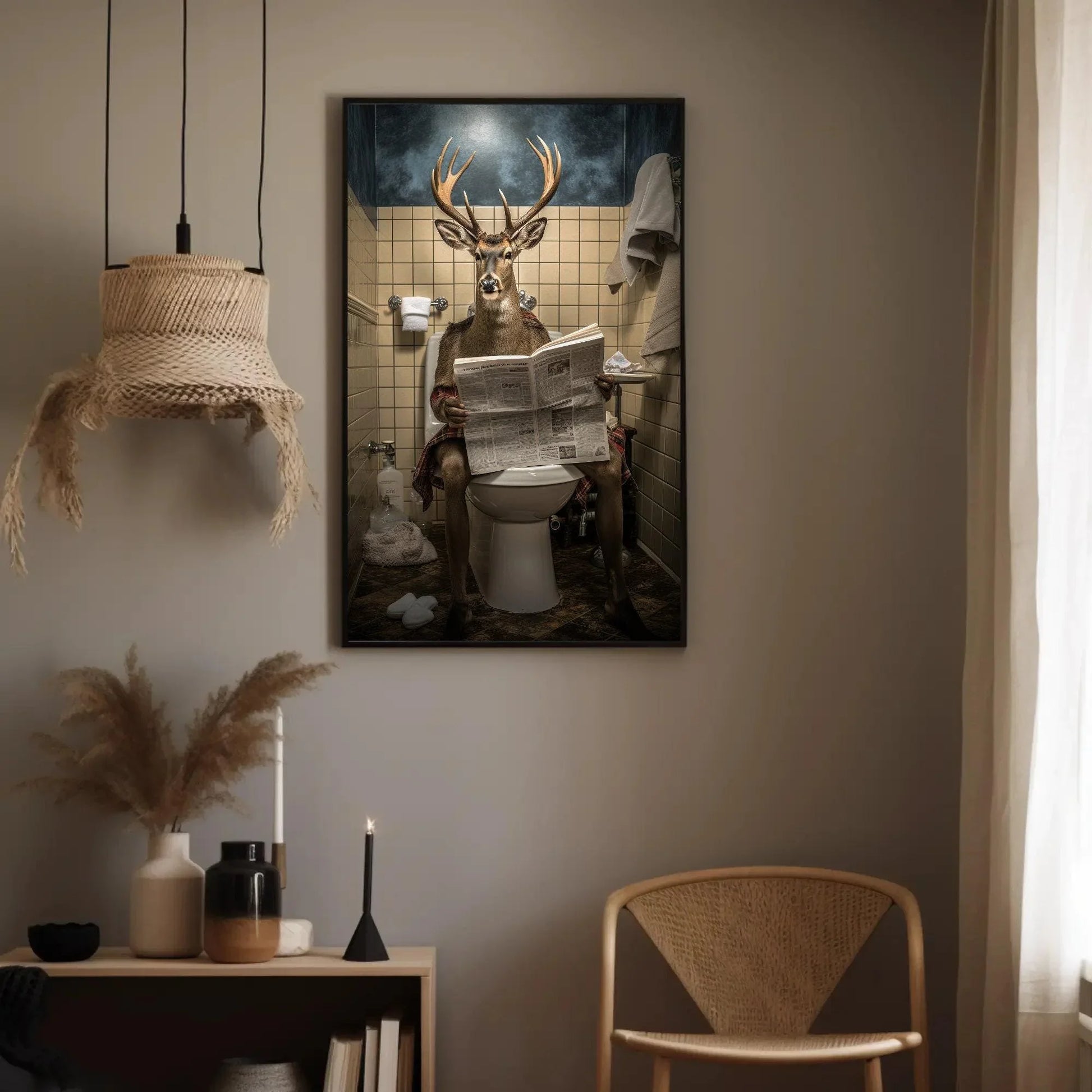 Deer With Antlers Reading Newspaper On The Toilet Animal Lovers Gift Canvas Painting Funny Bathroom Art Framed Print Toilet Humor Art Wall Art – Canvas Print