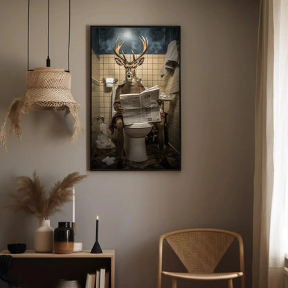 Deer With Antlers Reading Newspaper On The Toilet Animal Lovers Gift Canvas Painting Funny Bathroom Art Framed Print Toilet Humor Art Wall Art – Canvas Print