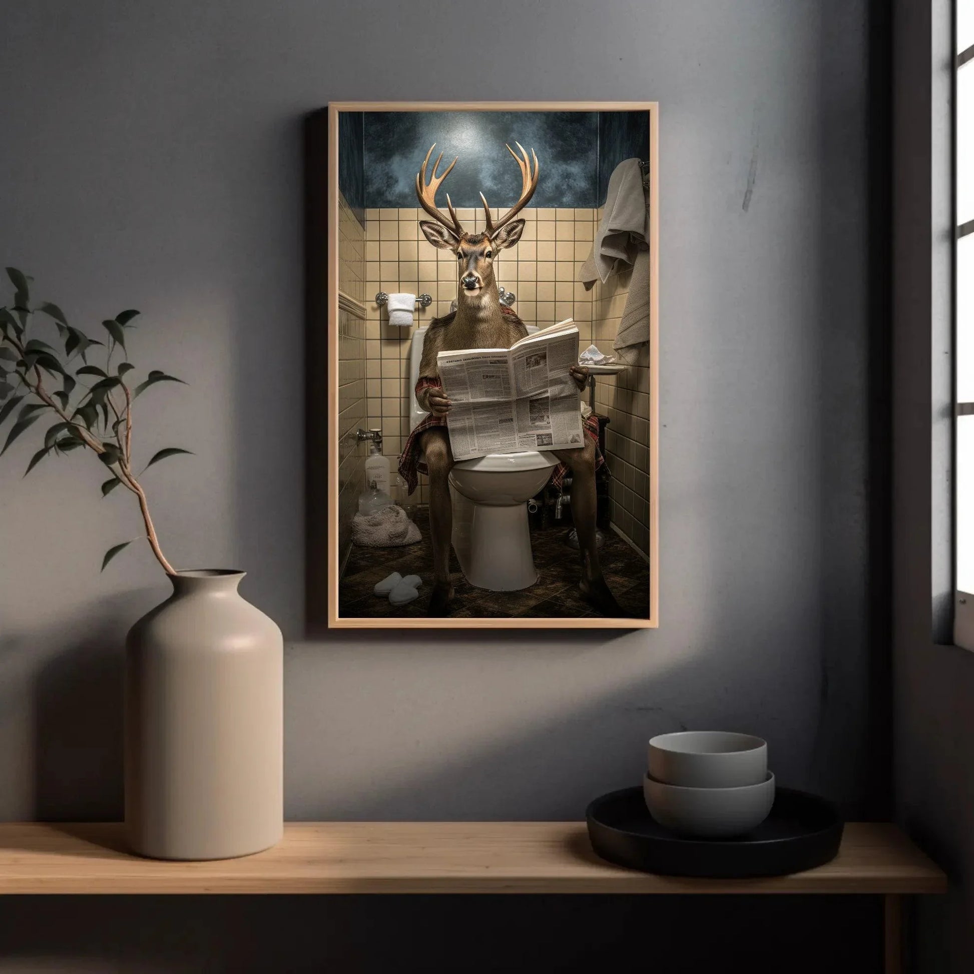 Deer With Antlers Reading Newspaper On The Toilet Animal Lovers Gift Canvas Painting Funny Bathroom Art Framed Print Toilet Humor Art Wall Art – Canvas Print