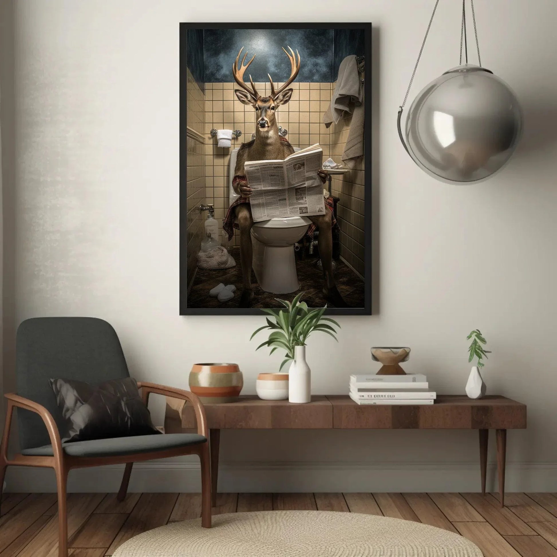 Deer With Antlers Reading Newspaper On The Toilet Animal Lovers Gift Canvas Painting Funny Bathroom Art Framed Print Toilet Humor Art Wall Art – Canvas Print