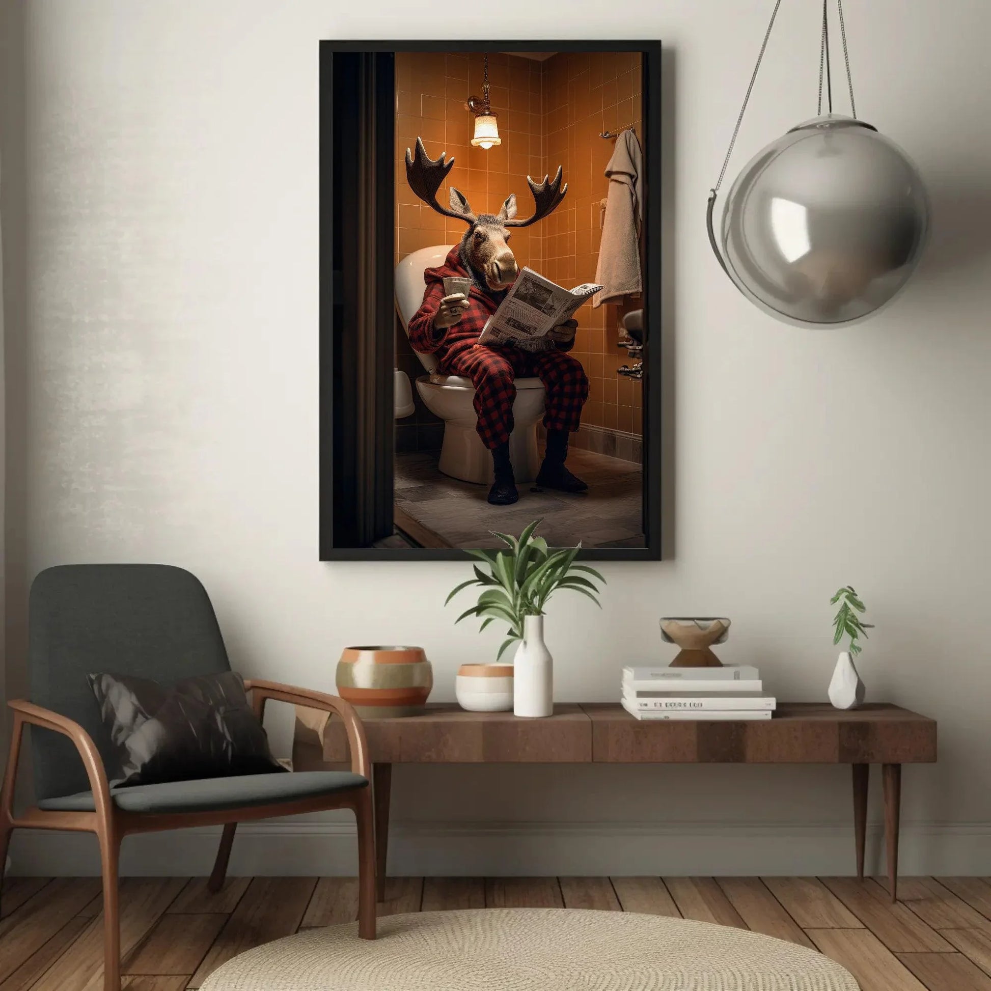 Moose Sitting On The Toilet Seat Reading Newspaper Funny Bathroom Wall Art Gift Canvas Painting Framed Print Toilet Humor Gift For Him Wall Art – Canvas Print