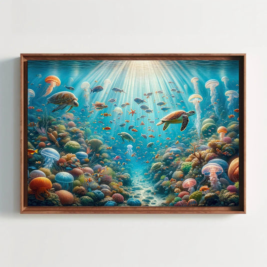 Underwater Serenity Print, Marine Life & Sunbeams Oil Painting, Peaceful Coral Reefs Framed Canvas Print, Sea Turtle Colorful Fish Artwork Wall Art – Canvas Print