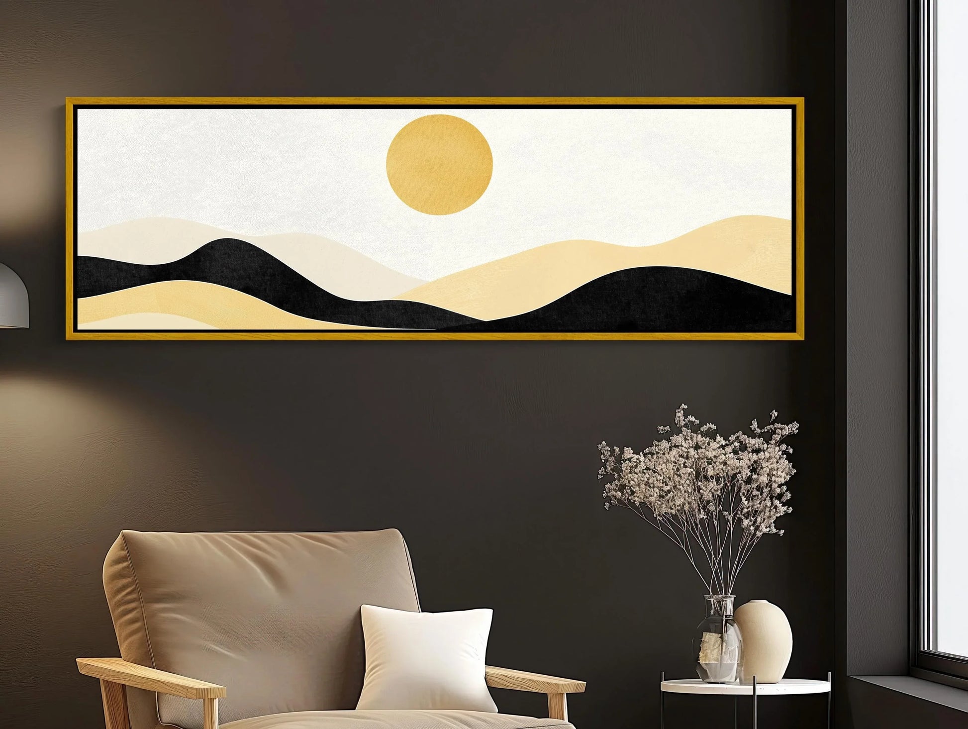 Boho Minimalist Mountain Landscape Canvas Art, Earth and Sand Tones Panoramic Wall Decor, Framed Boho Nature Art, Living Room, Ready to Hang Wall Art – Canvas Print