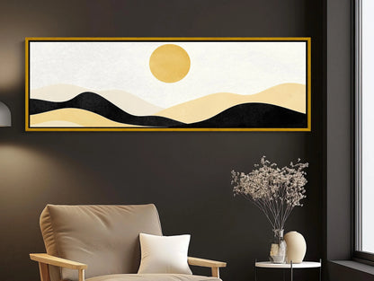 Boho Minimalist Mountain Landscape Canvas Art, Earth and Sand Tones Panoramic Wall Decor, Framed Boho Nature Art, Living Room, Ready to Hang Wall Art – Canvas Print
