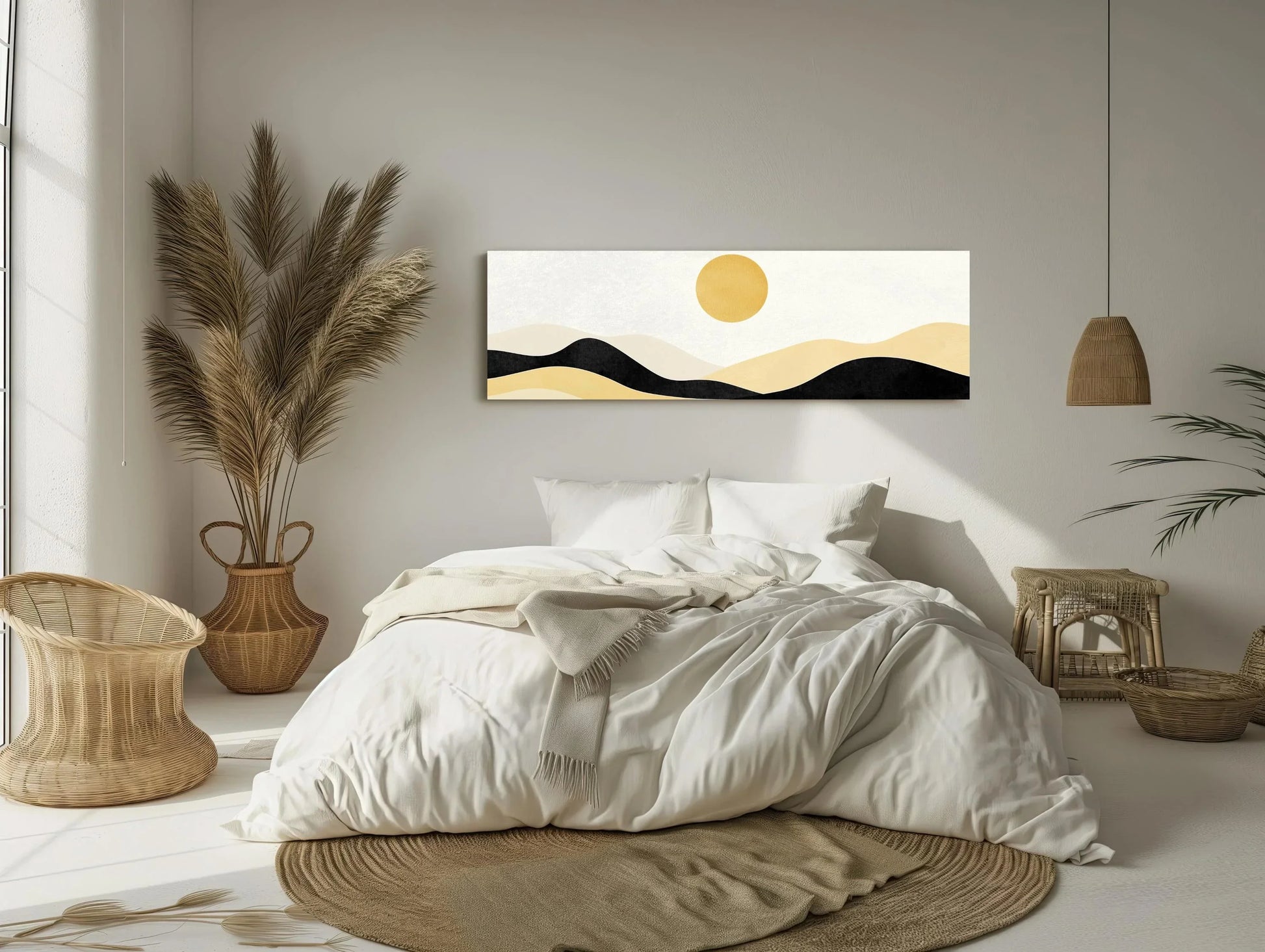 Boho Minimalist Mountain Landscape Canvas Art, Earth and Sand Tones Panoramic Wall Decor, Framed Boho Nature Art, Living Room, Ready to Hang Wall Art – Canvas Print