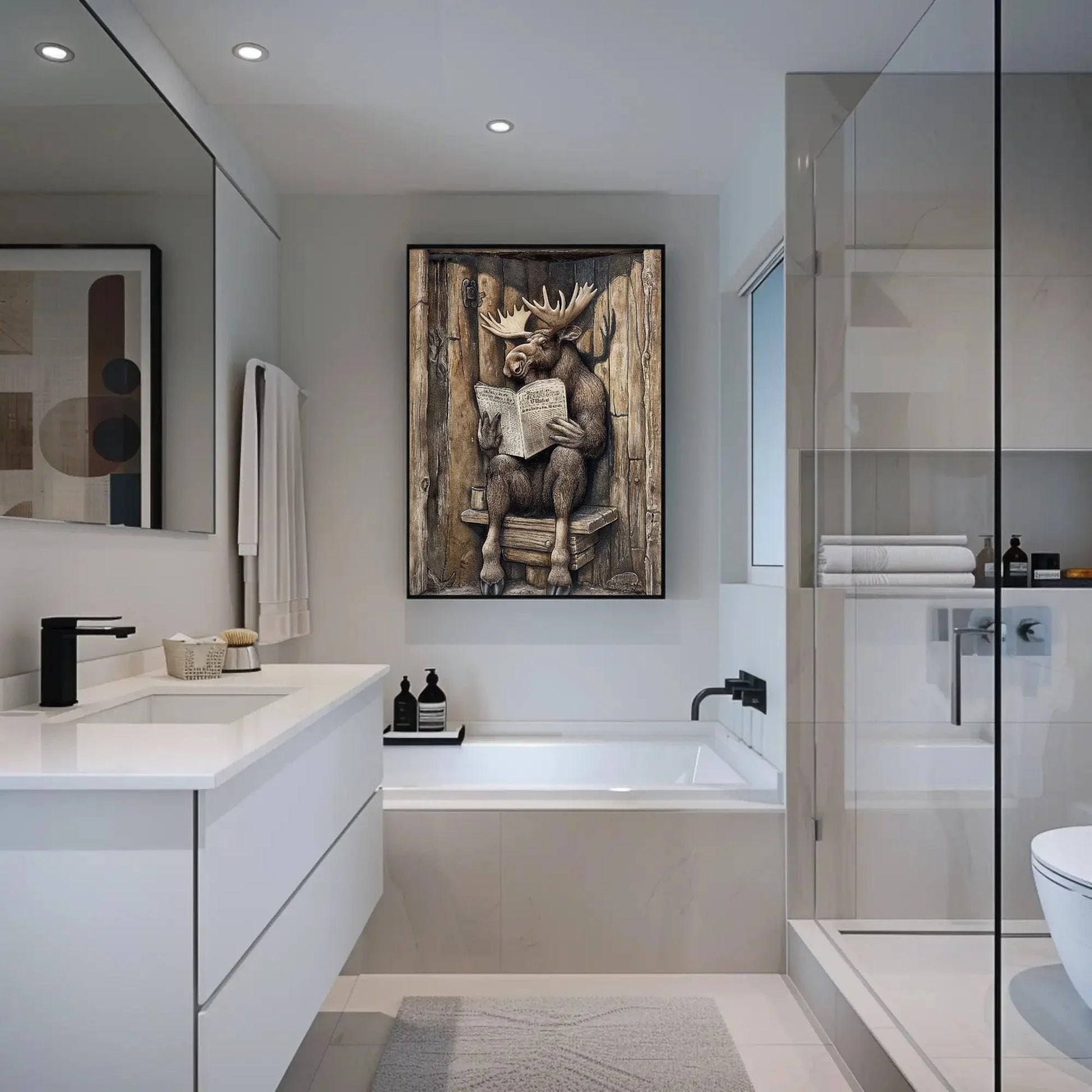 Moose sitting on a toilet reading newspaper canvas print, moose wall art, funny bathroom art, animals on toilet, rustic decor, toilet humor Wall Art – Canvas Print