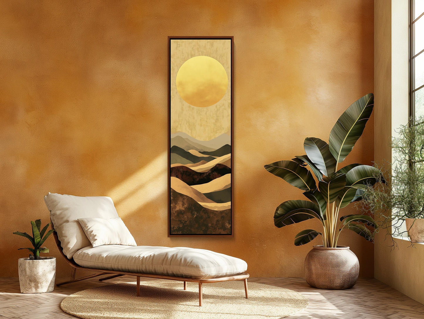 Boho Minimalist Mountain Landscape Canvas Art, Earth and Sand Tones Long Vertical Wall Decor, Framed Bohemian Art for Living Room, Bedroom Wall Art – Canvas Print