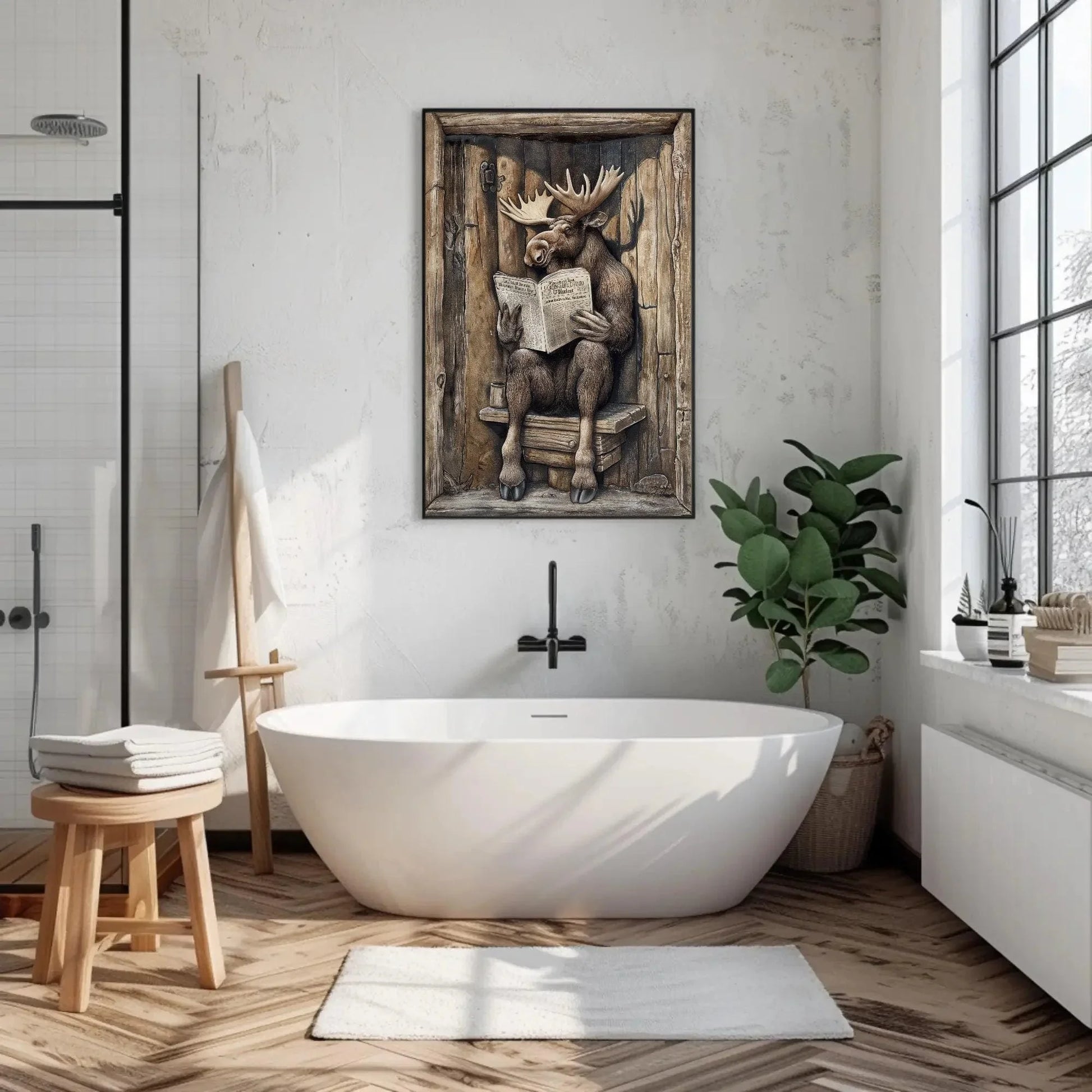 Moose sitting on a toilet reading newspaper canvas print, moose wall art, funny bathroom art, animals on toilet, rustic decor, toilet humor Wall Art – Canvas Print