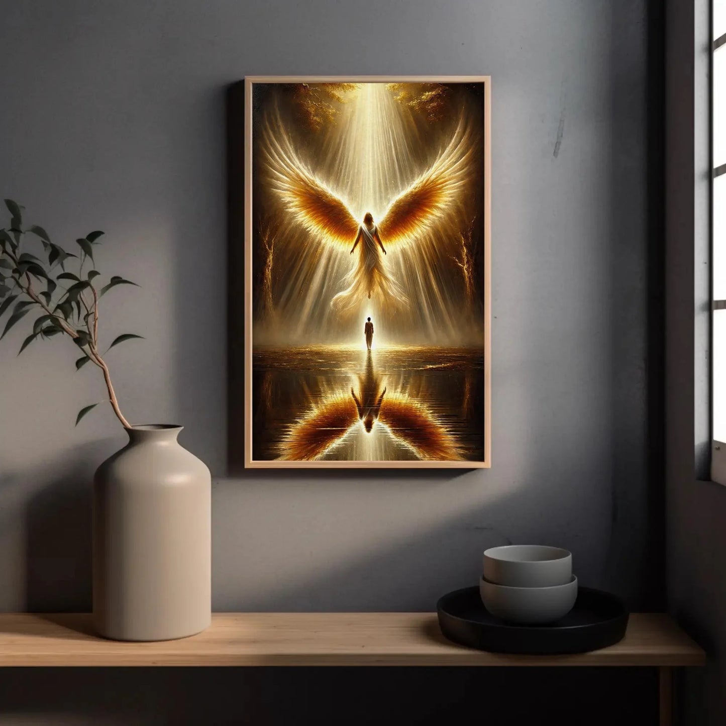 Golden Angelic Being Canvas, Spiritual Guardian Angel Wall Art, Divine Light Print, Ethereal Heavenly Decor, Celestial Angel Artwork Wall Art – Canvas Print