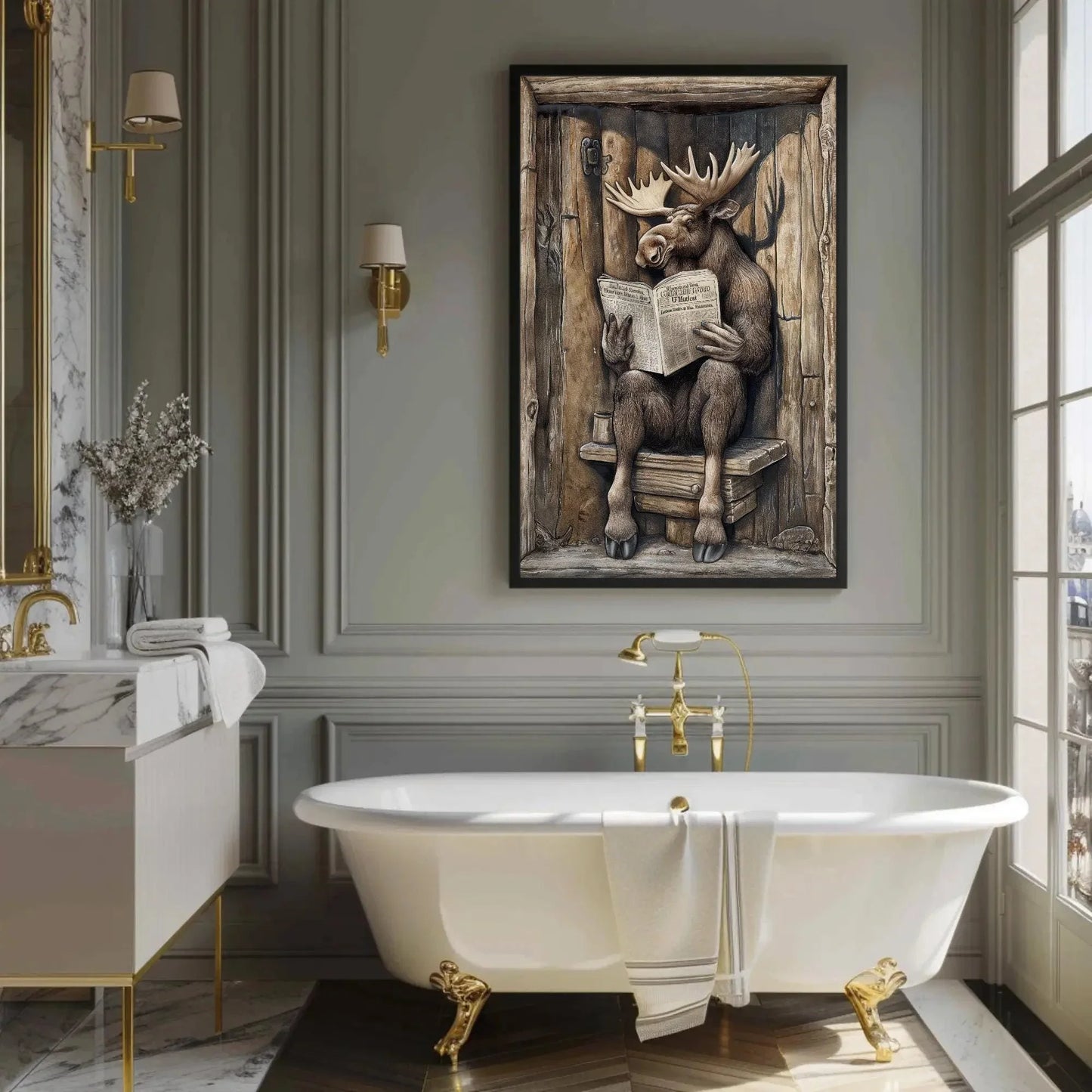 Moose sitting on a toilet reading newspaper canvas print, moose wall art, funny bathroom art, animals on toilet, rustic decor, toilet humor Wall Art – Canvas Print