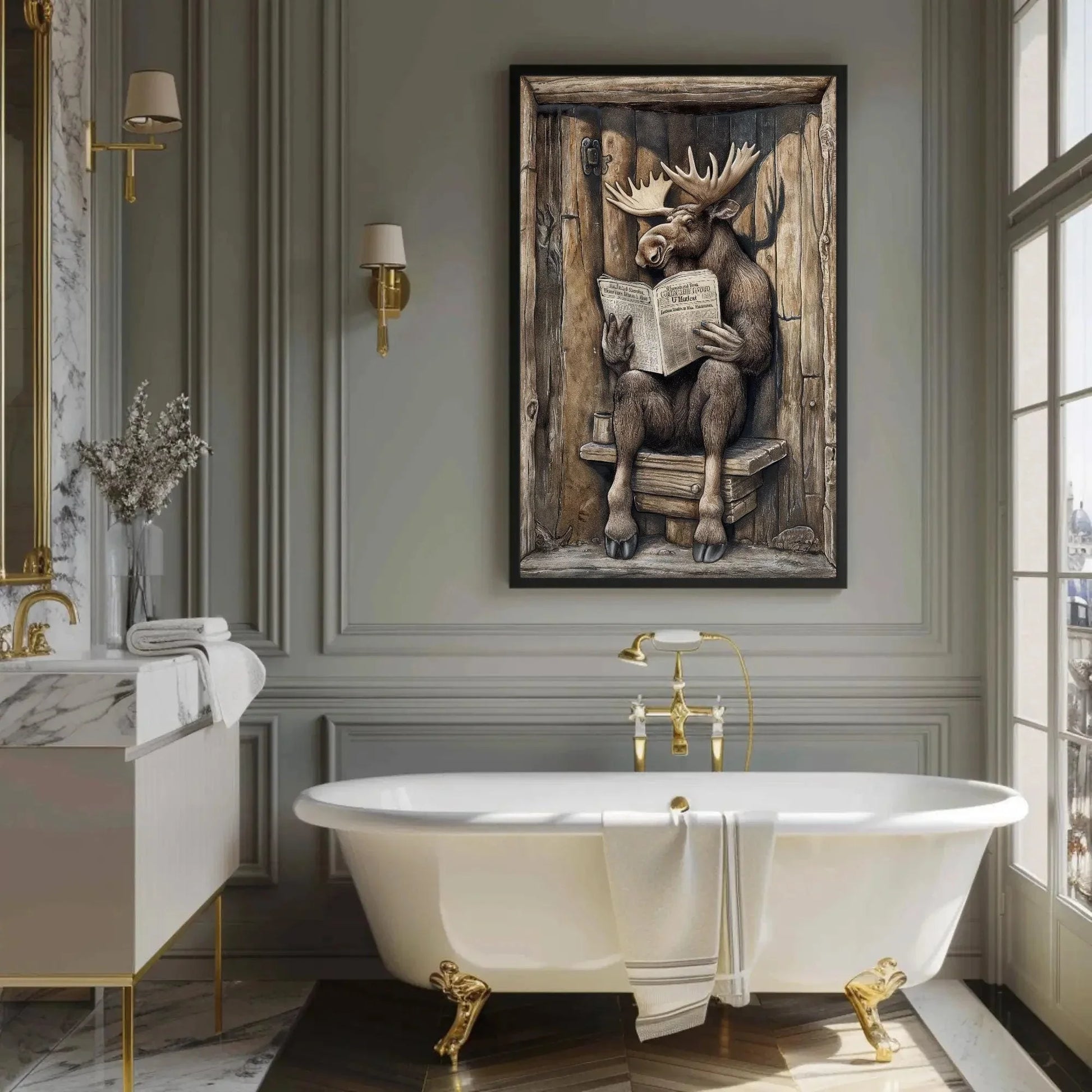 Moose sitting on a toilet reading newspaper canvas print, moose wall art, funny bathroom art, animals on toilet, rustic decor, toilet humor Wall Art – Canvas Print