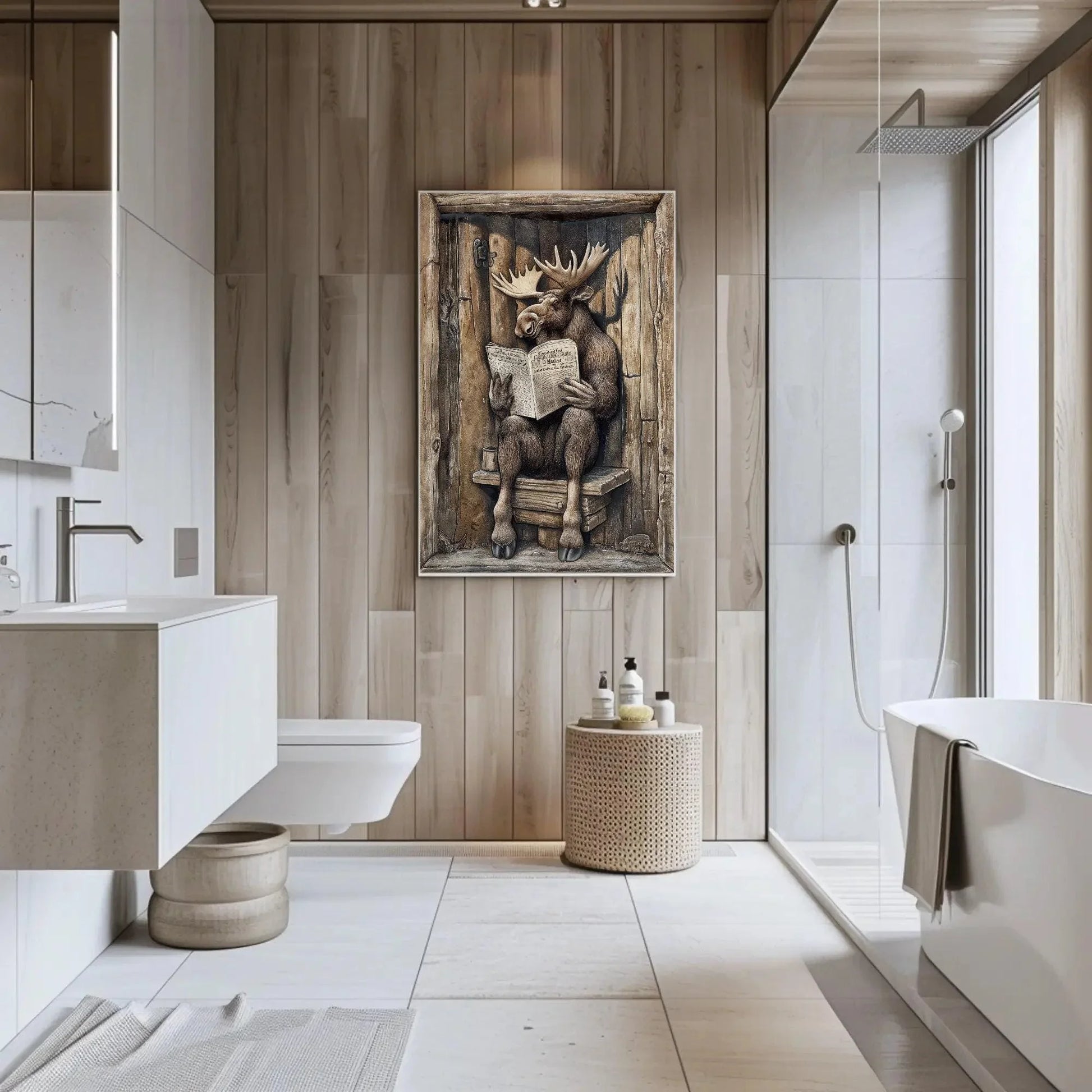 Moose sitting on a toilet reading newspaper canvas print, moose wall art, funny bathroom art, animals on toilet, rustic decor, toilet humor Wall Art – Canvas Print