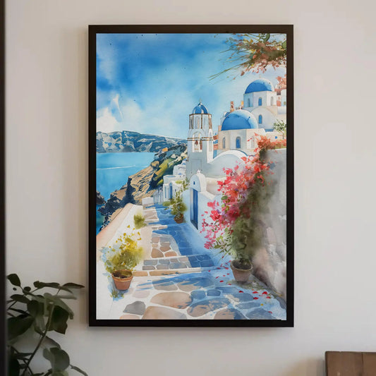 Santorini Greece Watercolor Painting Canvas Print, Framed Wall Art, Beautiful European Decor, Ready to Hang, Perfect for Home or Office Wall Art – Canvas Print