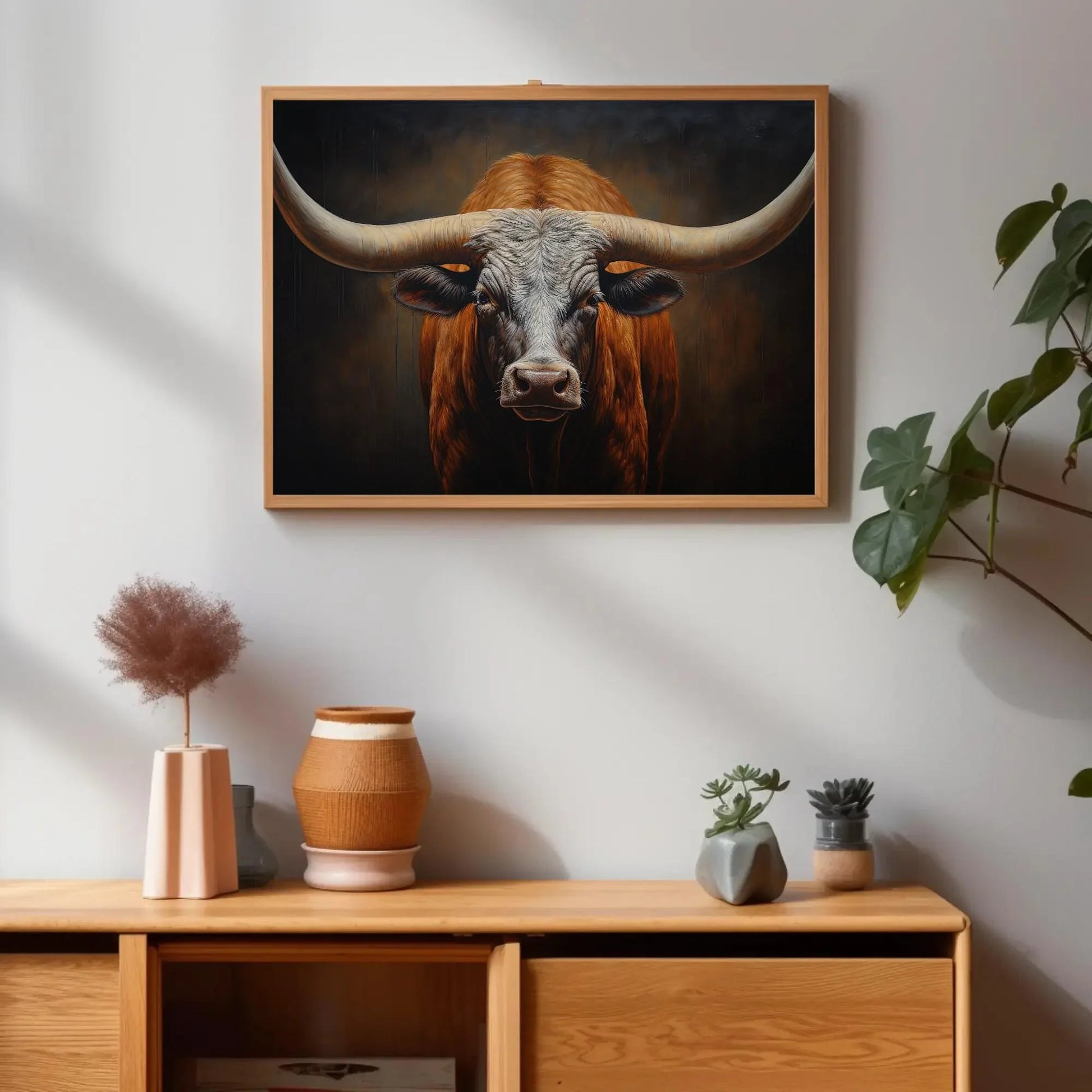 Texas Long Horn Large Wall Art, Rustic Cowboy Home Decor, Southwestern Art, Texas Longhorn Cow Canvas, Farmhouse Decor Wall Art – Canvas Print