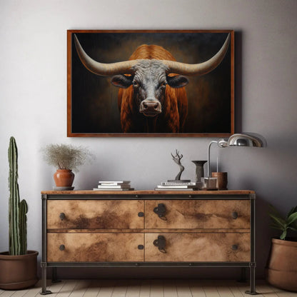 Texas Long Horn Large Wall Art, Rustic Cowboy Home Decor, Southwestern Art, Texas Longhorn Cow Canvas, Farmhouse Decor Wall Art – Canvas Print