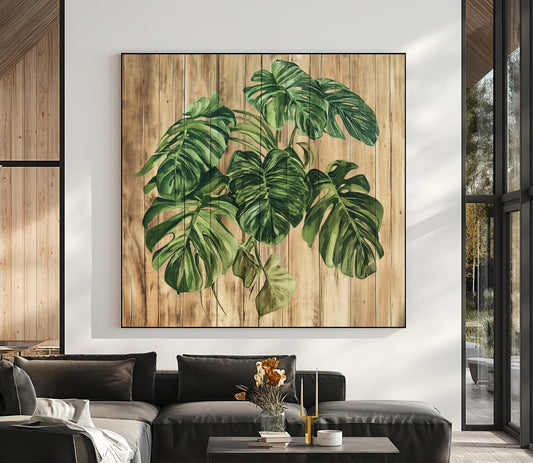 MONSTERA Plant Canvas Print Rustic Wood Background Botanical Wall Art Farmhouse Decor Gift for Plant Lovers Floral Design Entryway Decor Wall Art – Canvas Print
