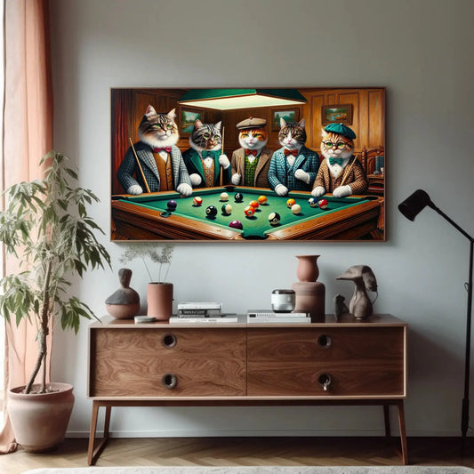 Cats Playing Pool Game Framed Art - Game Room Decor - Man Cave or Bar Wall Art - Funny Cat Lovers Print - Large Canvas Painting Wall Art – Canvas Print
