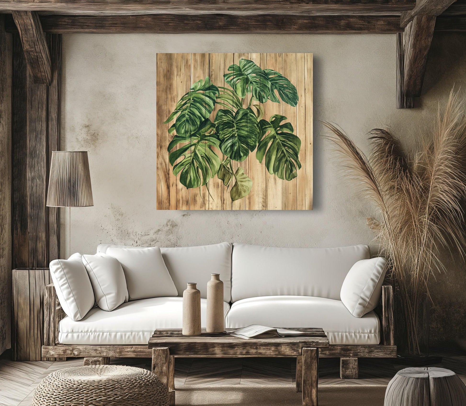 MONSTERA Plant Canvas Print Rustic Wood Background Botanical Wall Art Farmhouse Decor Gift for Plant Lovers Floral Design Entryway Decor Wall Art – Canvas Print