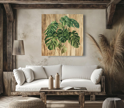 MONSTERA Plant Canvas Print Rustic Wood Background Botanical Wall Art Farmhouse Decor Gift for Plant Lovers Floral Design Entryway Decor Wall Art – Canvas Print
