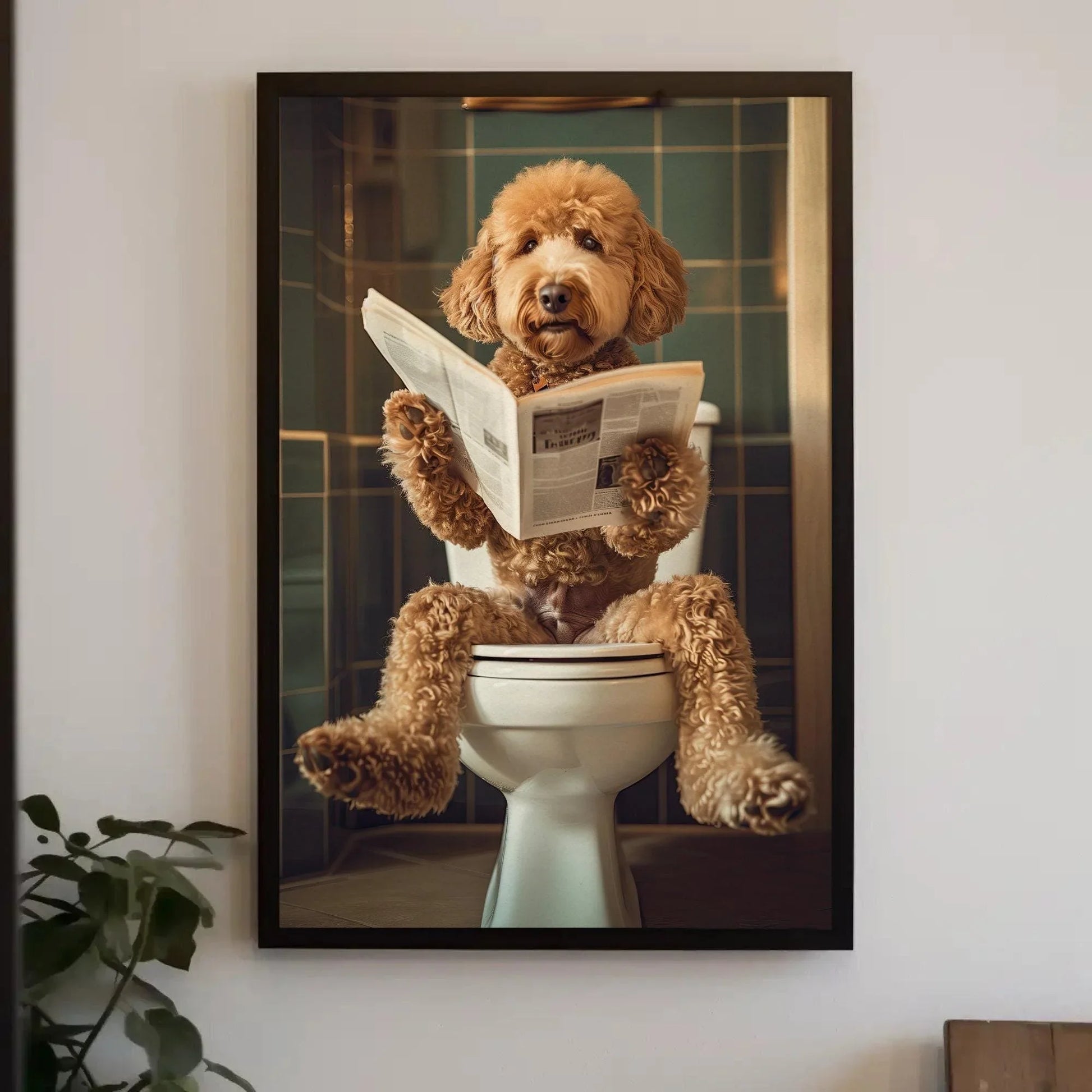 Golden doodle sitting on toilet reading newspaper canvas print, toilet humor, bathroom art, anniversary gift, restroom decor, funny gift Wall Art – Canvas Print