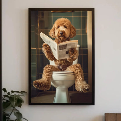Golden doodle sitting on toilet reading newspaper canvas print, toilet humor, bathroom art, anniversary gift, restroom decor, funny gift Wall Art – Canvas Print