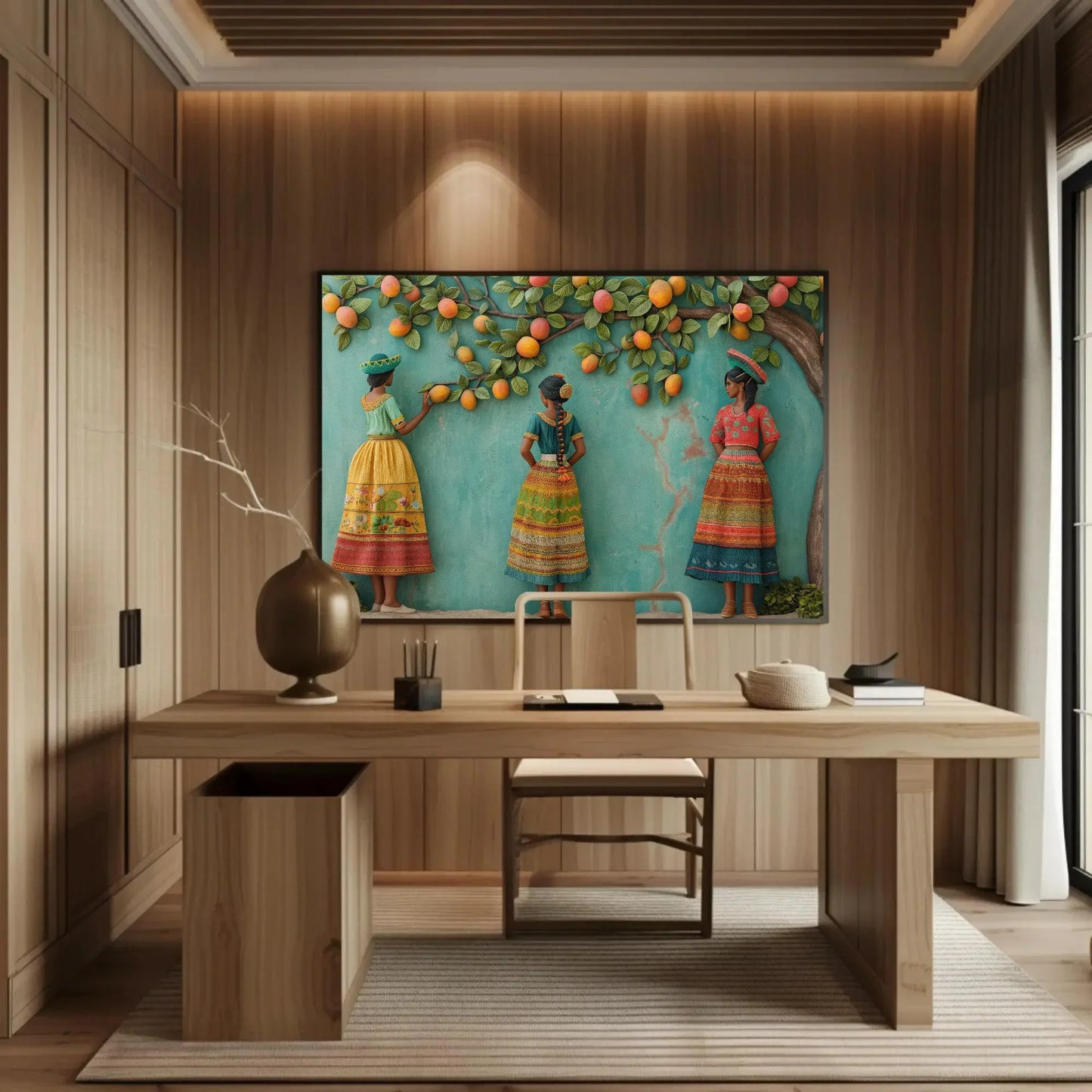 Three Mexican Girls Under Mango Tree 3D Illusion Canvas Wall Decor | Mexican Culture Wall Art | Colorful Mexican Art | Ready to Hang Wall Art – Canvas Print