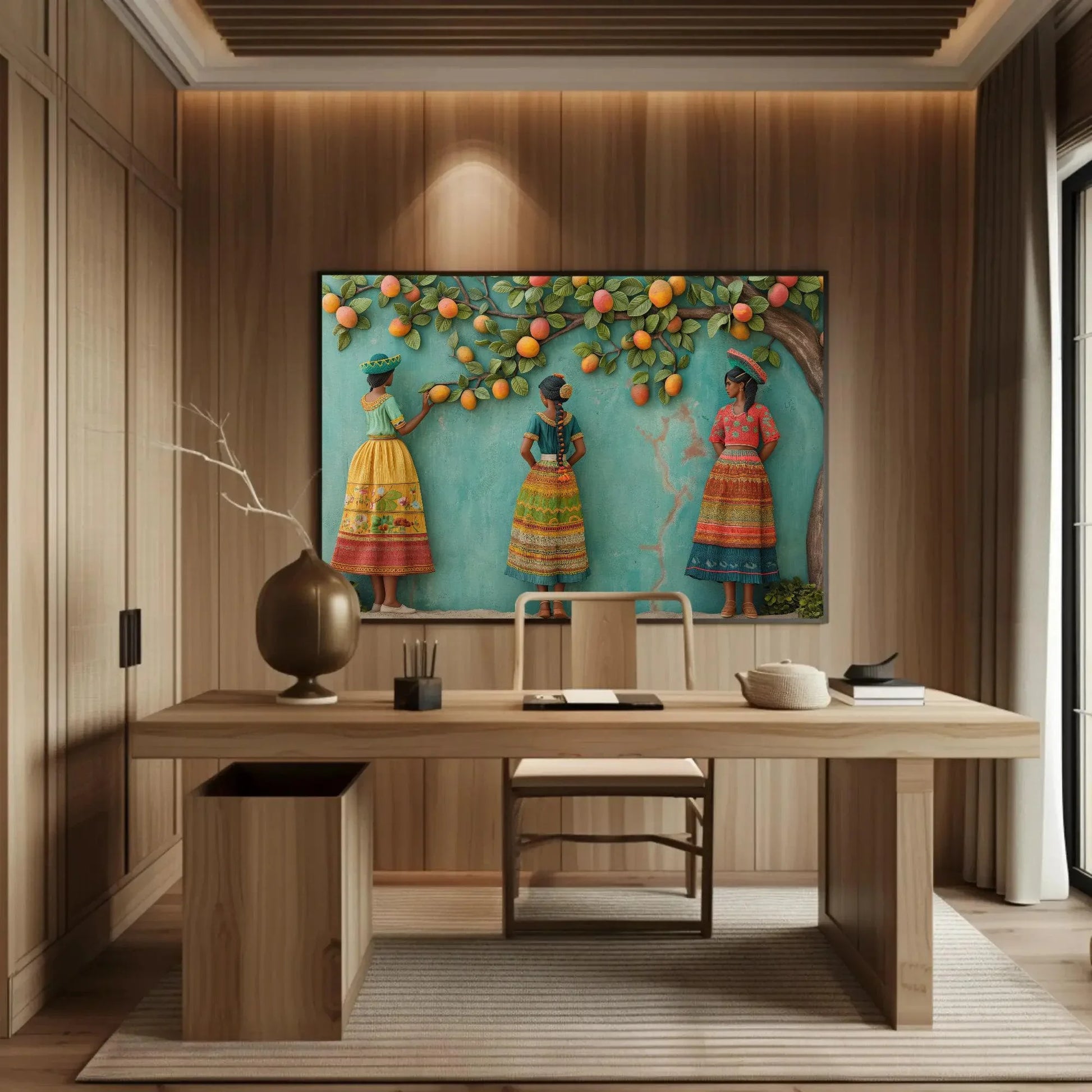 Three Mexican Girls Under Mango Tree 3D Illusion Canvas Wall Decor | Mexican Culture Wall Art | Colorful Mexican Art | Ready to Hang Wall Art – Canvas Print