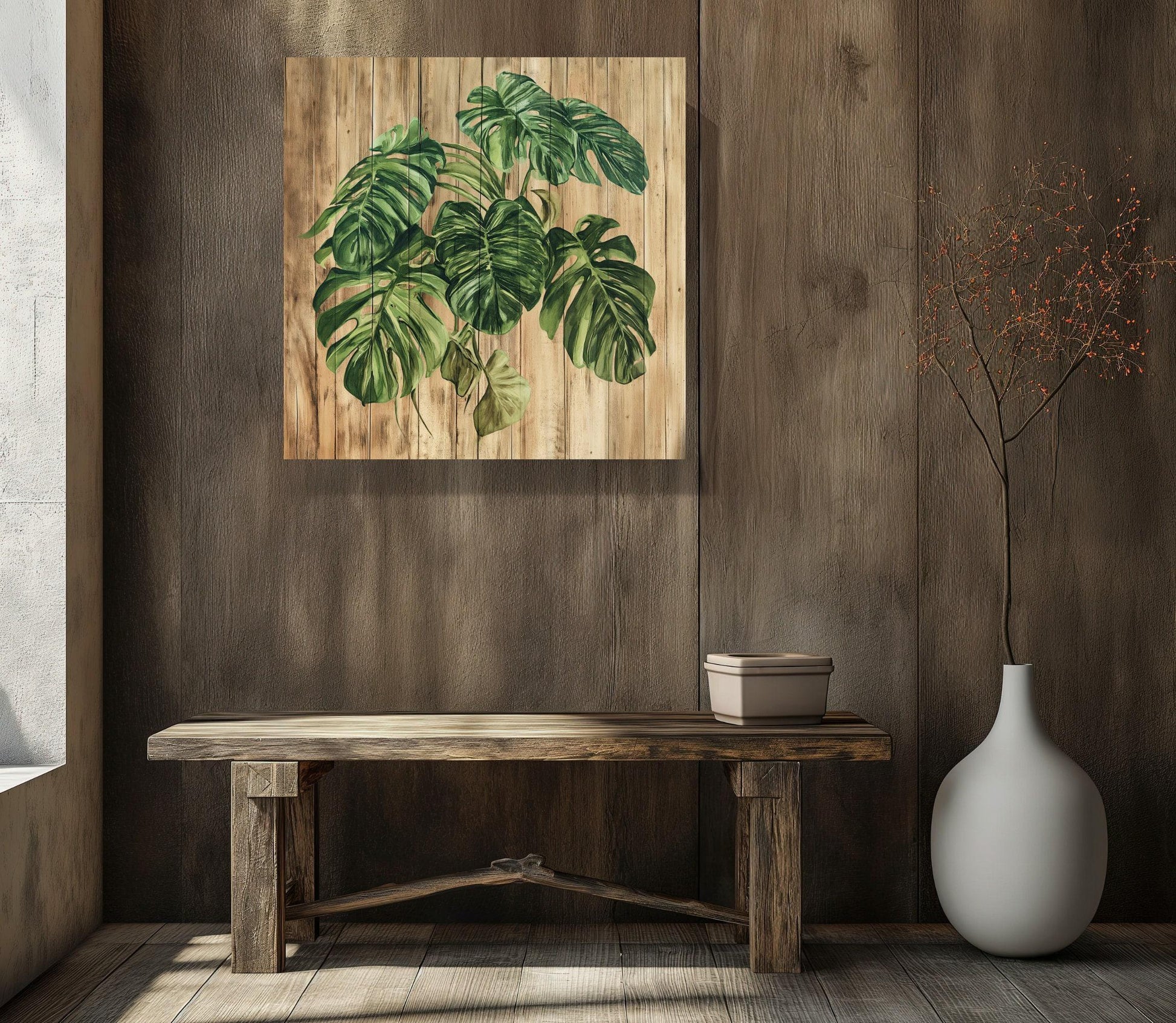 MONSTERA Plant Canvas Print Rustic Wood Background Botanical Wall Art Farmhouse Decor Gift for Plant Lovers Floral Design Entryway Decor Wall Art – Canvas Print