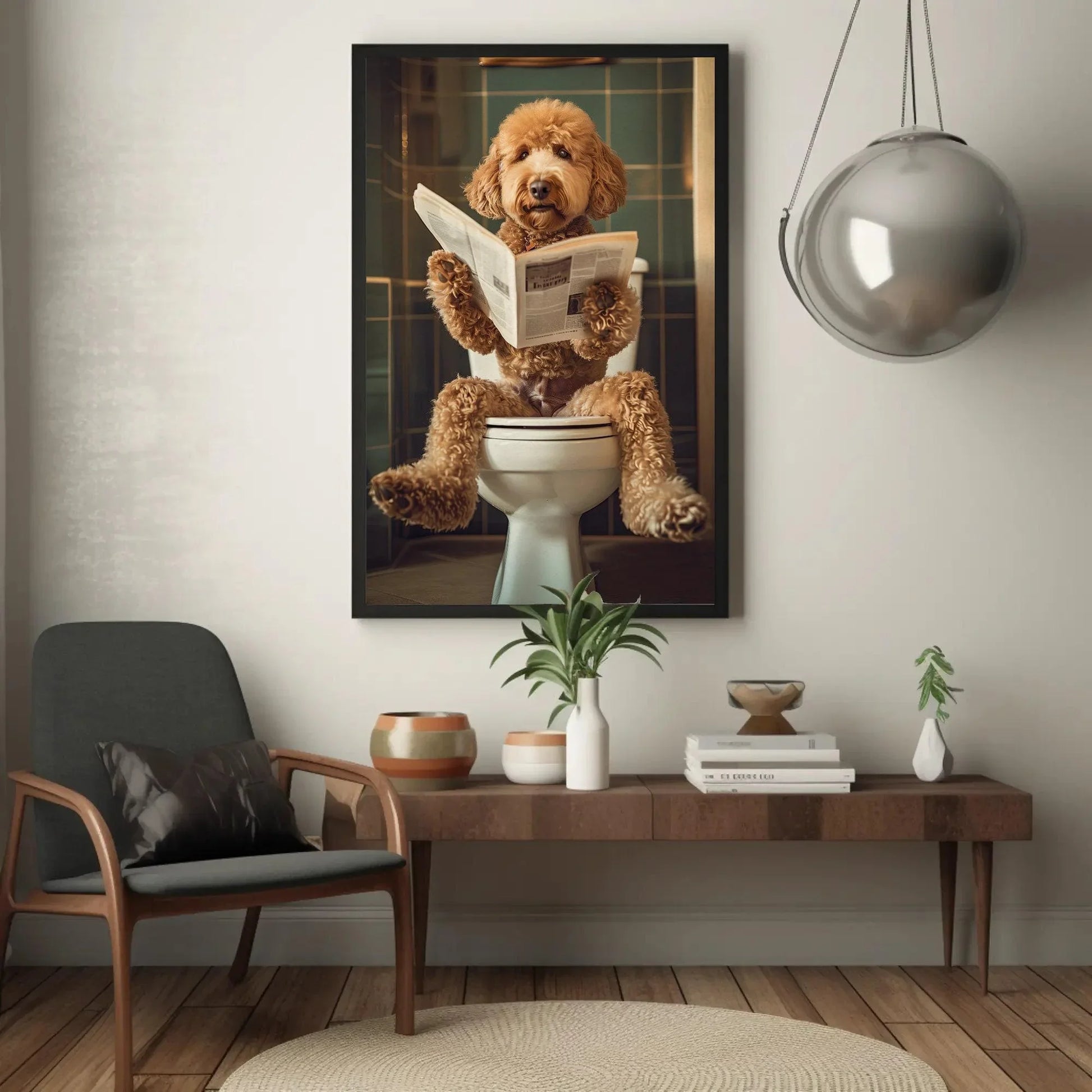 Golden doodle sitting on toilet reading newspaper canvas print, toilet humor, bathroom art, anniversary gift, restroom decor, funny gift Wall Art – Canvas Print