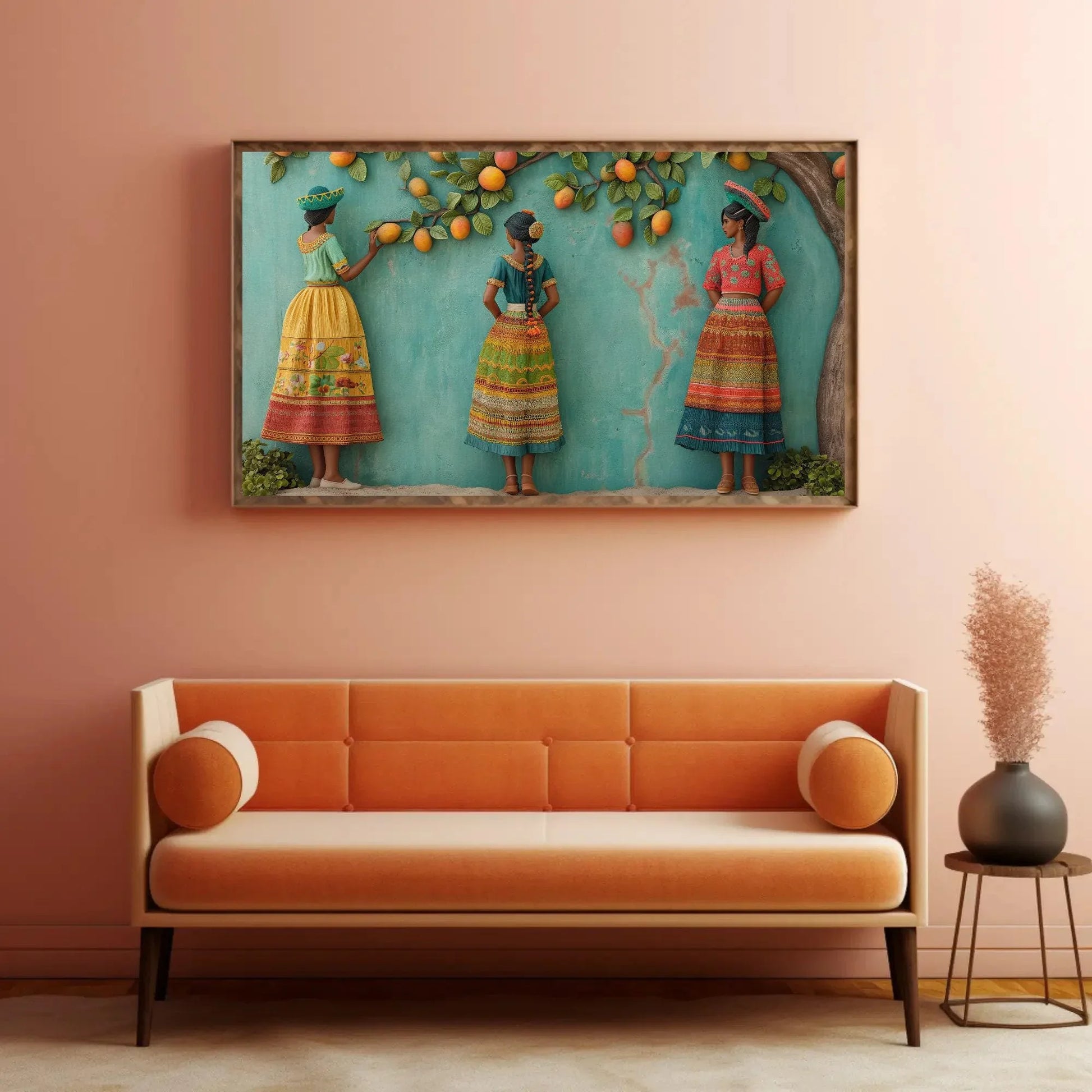 Three Mexican Girls Under Mango Tree 3D Illusion Canvas Wall Decor | Mexican Culture Wall Art | Colorful Mexican Art | Ready to Hang Wall Art – Canvas Print