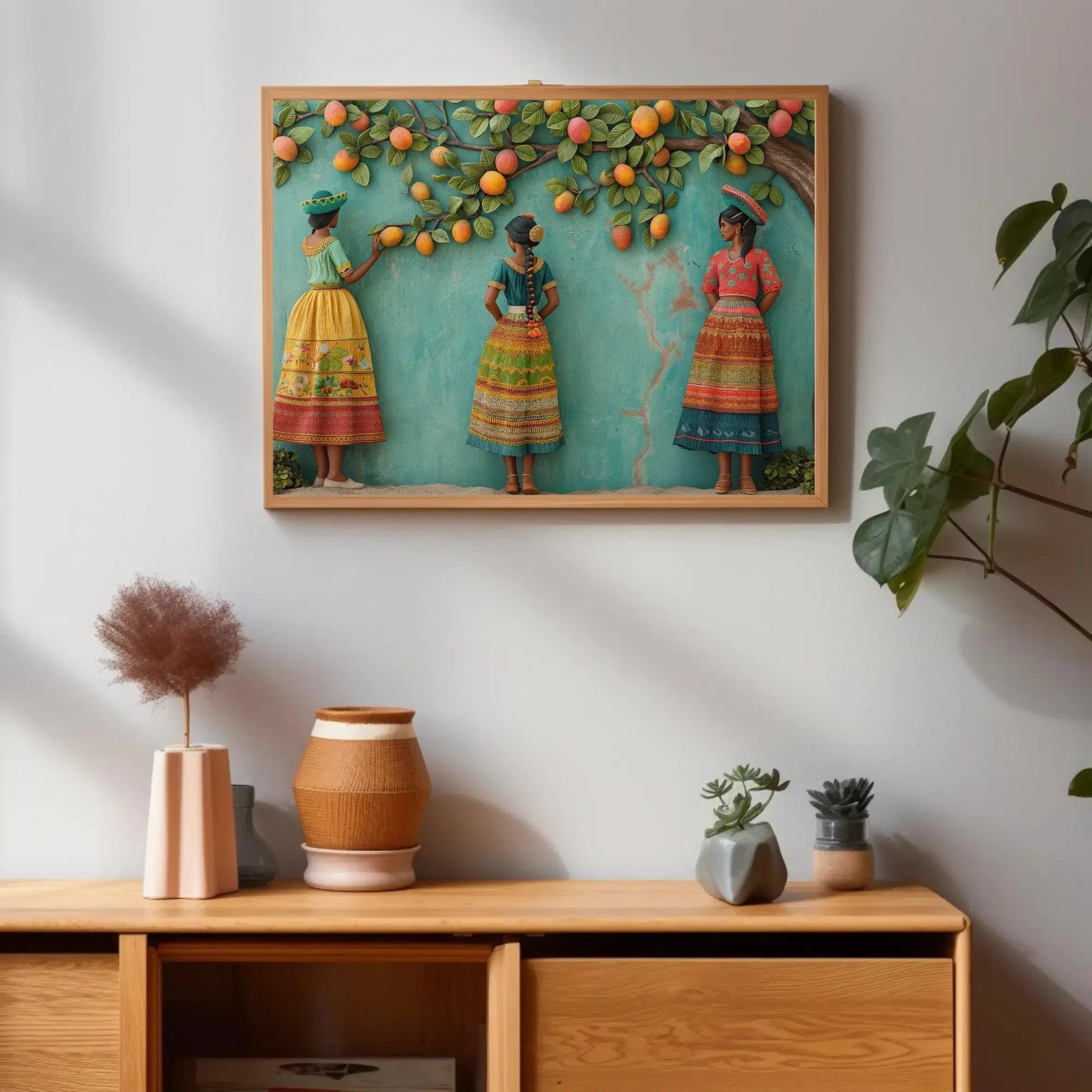 Three Mexican Girls Under Mango Tree 3D Illusion Canvas Wall Decor | Mexican Culture Wall Art | Colorful Mexican Art | Ready to Hang Wall Art – Canvas Print
