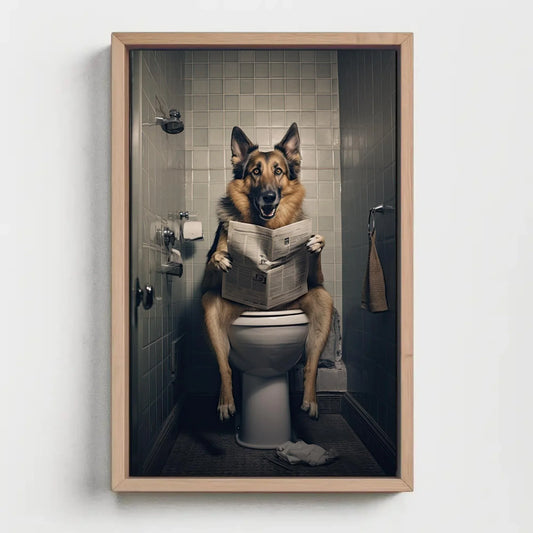 German Shepherd Dog Reading Newspaper On The Toilet Dog Lovers Gift Painting Funny Bathroom Art Framed Print Canvas Restroom Decor Wall Art – Canvas Print
