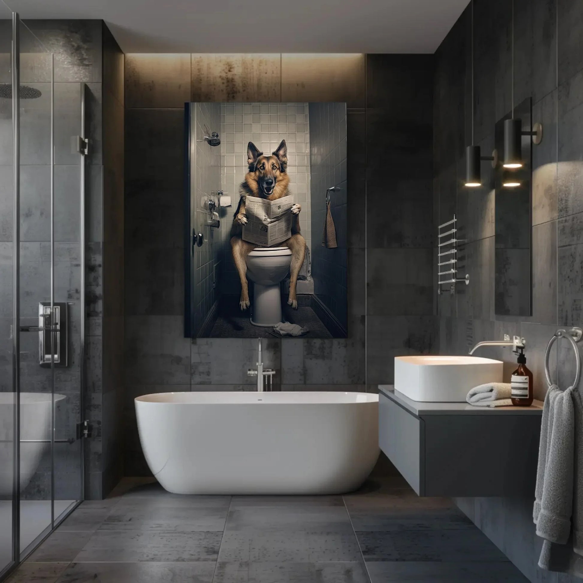 German Shepherd Dog Reading Newspaper On The Toilet Dog Lovers Gift Painting Funny Bathroom Art Framed Print Canvas Restroom Decor Wall Art – Canvas Print