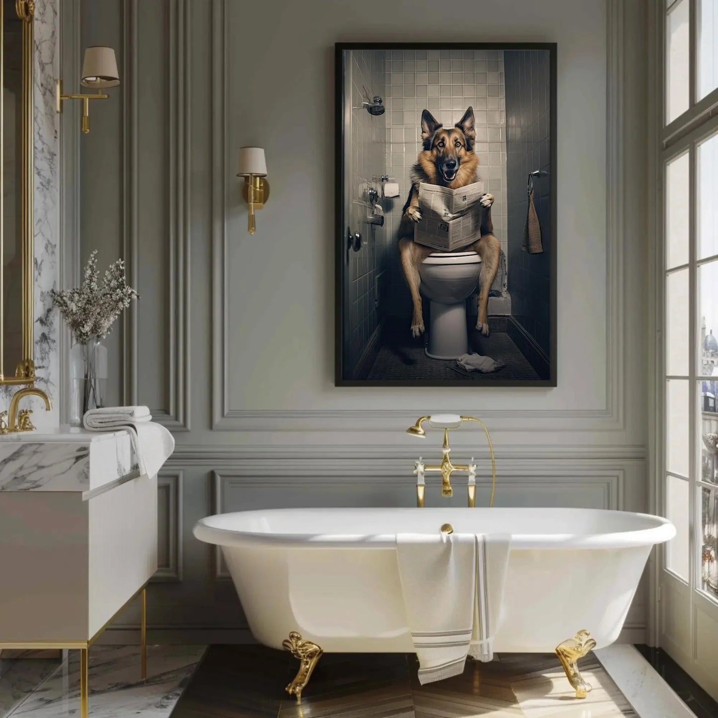 German Shepherd Dog Reading Newspaper On The Toilet Dog Lovers Gift Painting Funny Bathroom Art Framed Print Canvas Restroom Decor Wall Art – Canvas Print