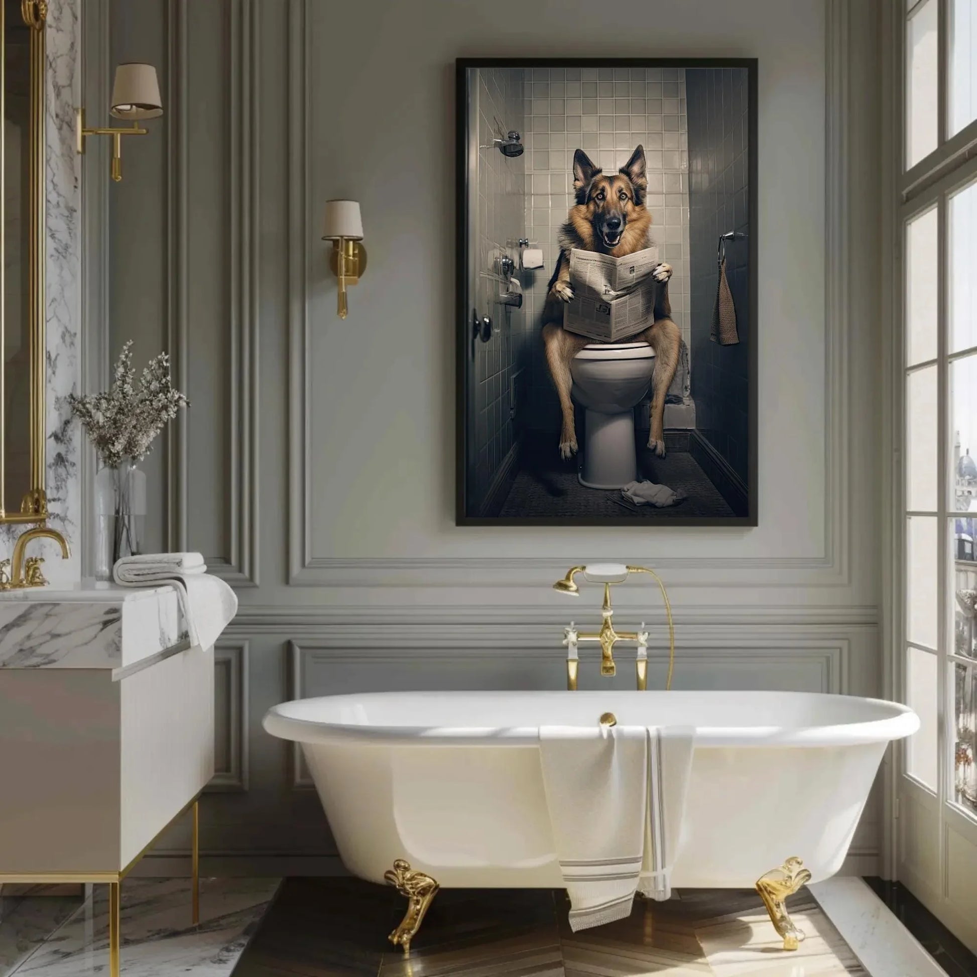 German Shepherd Dog Reading Newspaper On The Toilet Dog Lovers Gift Painting Funny Bathroom Art Framed Print Canvas Restroom Decor Wall Art – Canvas Print