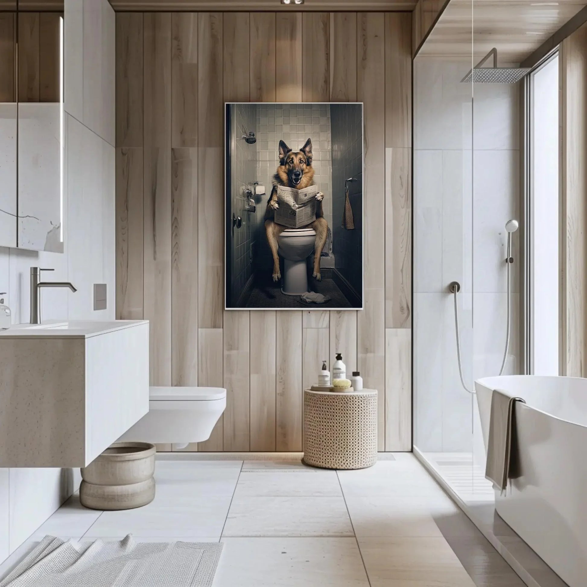 German Shepherd Dog Reading Newspaper On The Toilet Dog Lovers Gift Painting Funny Bathroom Art Framed Print Canvas Restroom Decor Wall Art – Canvas Print