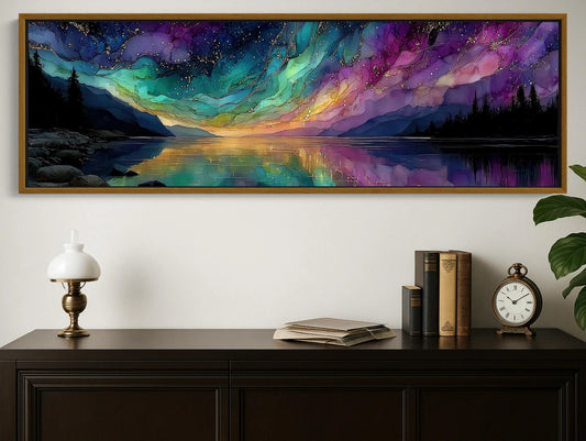 Vibrant Aurora Lake Canvas Print | Northern Lights Landscape Wall Art | Colorful Night Sky Decor | Panoramic Nature Giclée Wall Art – Canvas Print