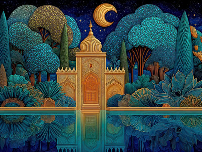 Panoramic Mughal Garden Canvas, Night Scene Wall Art, Indian Palace Print, Blue Gold Landscape, Mystical Reflection, Long Horizontal Art Wall Art – Canvas Print