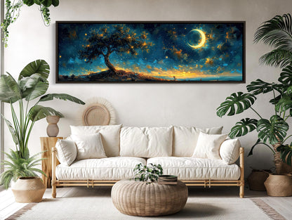 Glowing Tree Moonlit Landscape Canvas | Starry Night Nature Wall Art | Ethereal Tree of Life Print | Panoramic Fantasy Decor Wall Art – Canvas Print