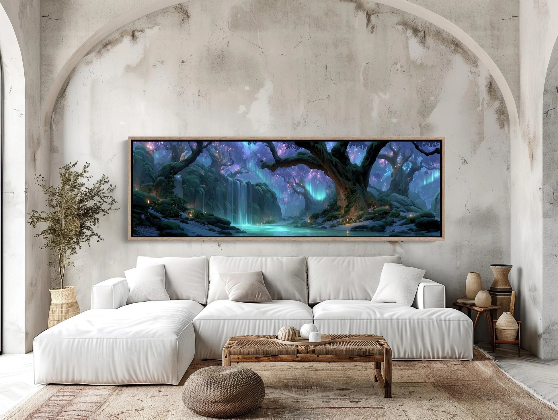 Enchanted Forest Waterfall Canvas | Mystical Aurora Borealis Wall Art | Glowing River Landscape Print | Fantasy Nature Decor Wall Art – Canvas Print