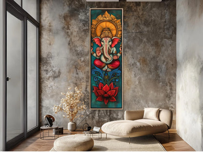 Lord Ganesha Tall Narrow Vertical Canvas Print, Indian Wall Art, Framed Hindu God Decor for Meditation Room or Living Room, Ready to Hang