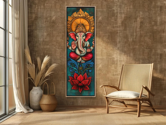 Lord Ganesha Tall Narrow Vertical Canvas Print, Indian Wall Art, Framed Hindu God Decor for Meditation Room or Living Room, Ready to Hang