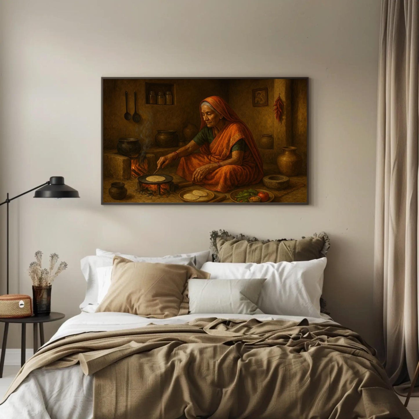 Indian Kitchen Art Print – Traditional Home Decor | Chapati Cooking Canvas - Antarmada