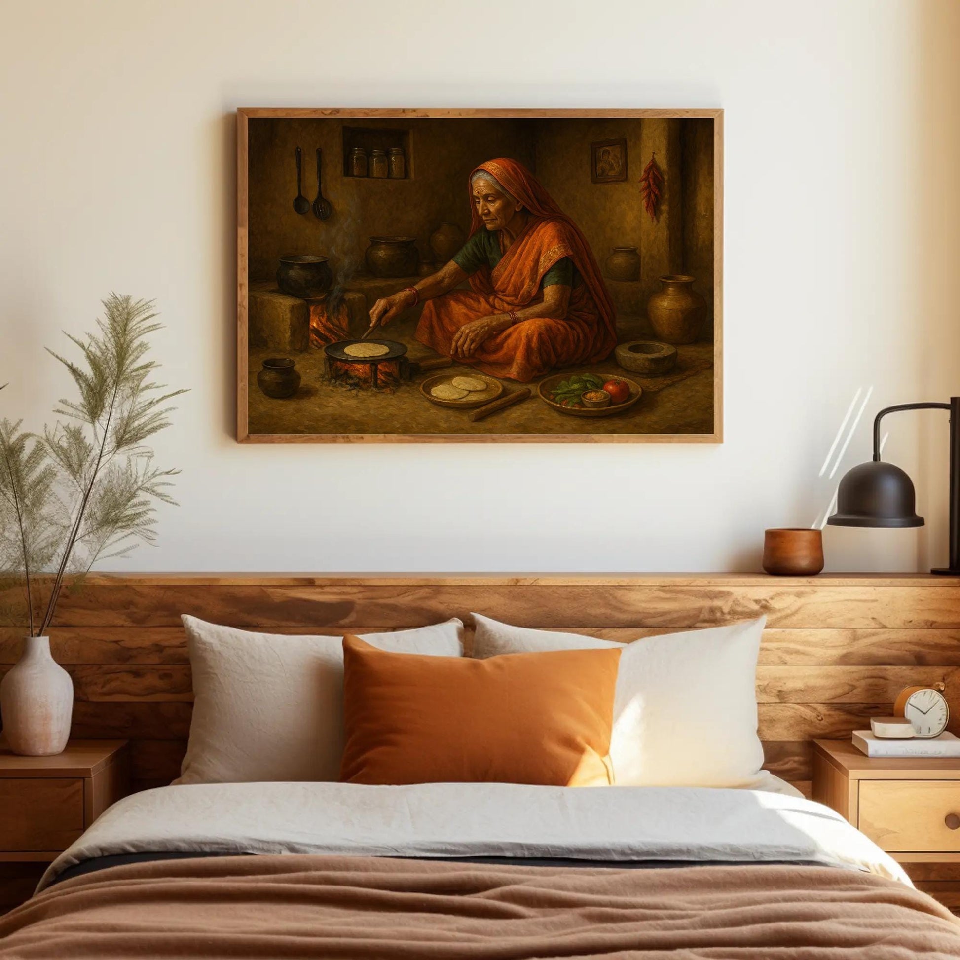 Indian Kitchen Art Print – Traditional Home Decor | Chapati Cooking Canvas - Antarmada