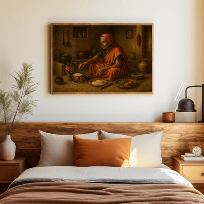 Indian Kitchen Art Print – Traditional Home Decor | Chapati Cooking Canvas - Antarmada