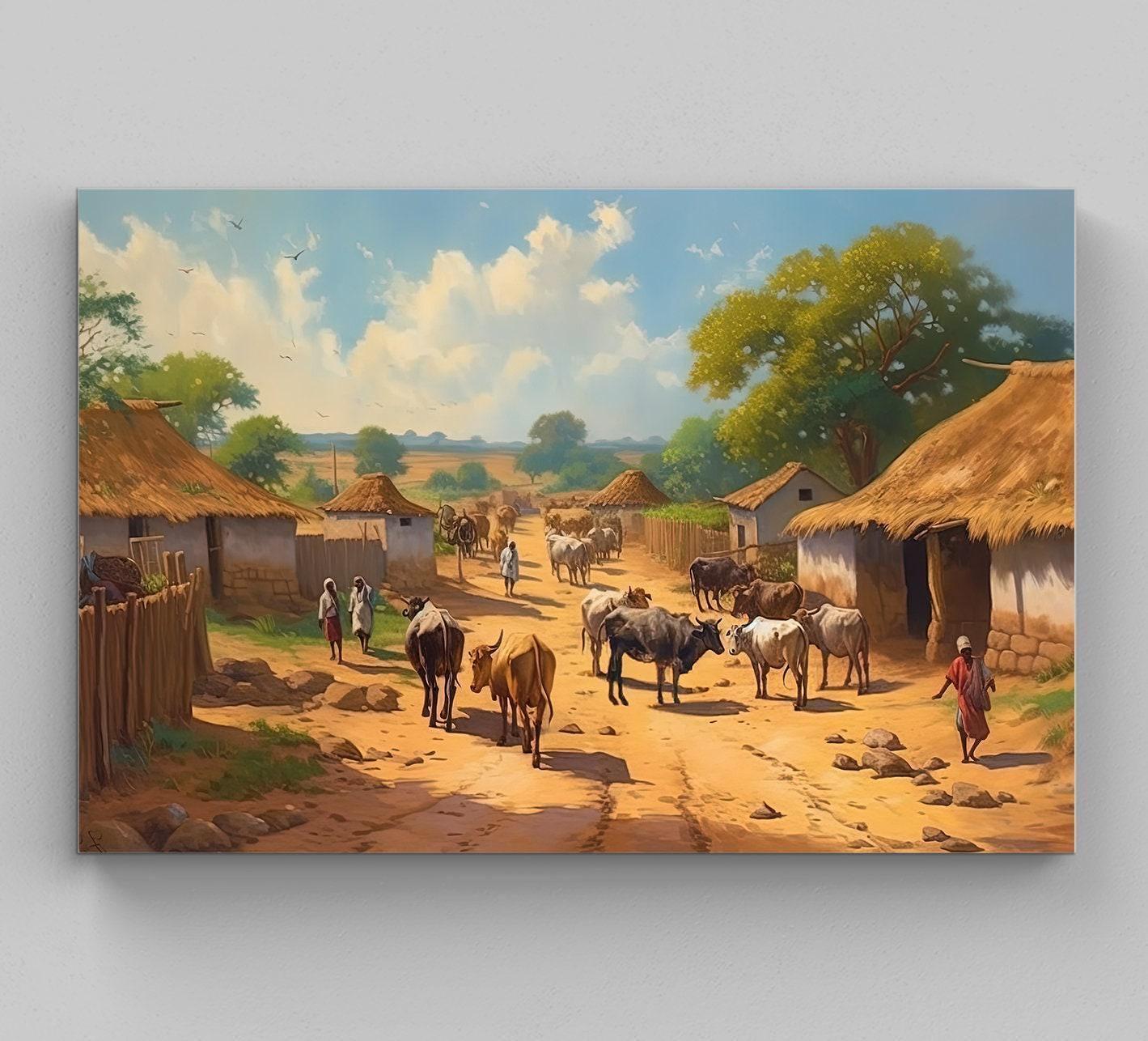 Indian Village Art Print – South Asian Wall Art | Vibrant Rural India Artwork Canvas - Antarmada