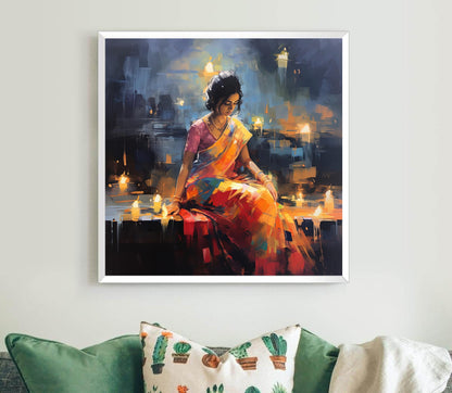 Indian Woman Canvas Print - Abstract Oil Painting | Framed Wall Art Decor - Antarmada