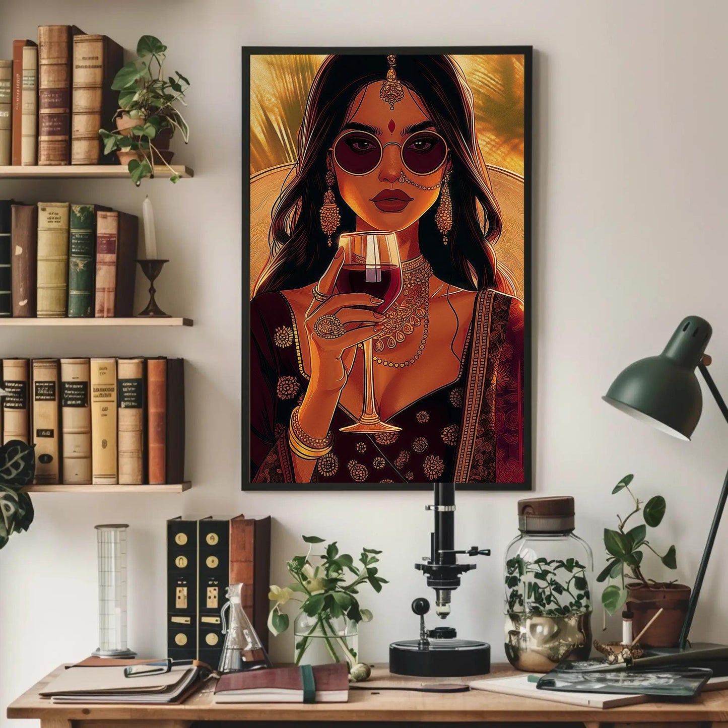 Indian Woman Wine Art – Framed Canvas Print | Stylish Desi Wall Art Decor - Antarmada