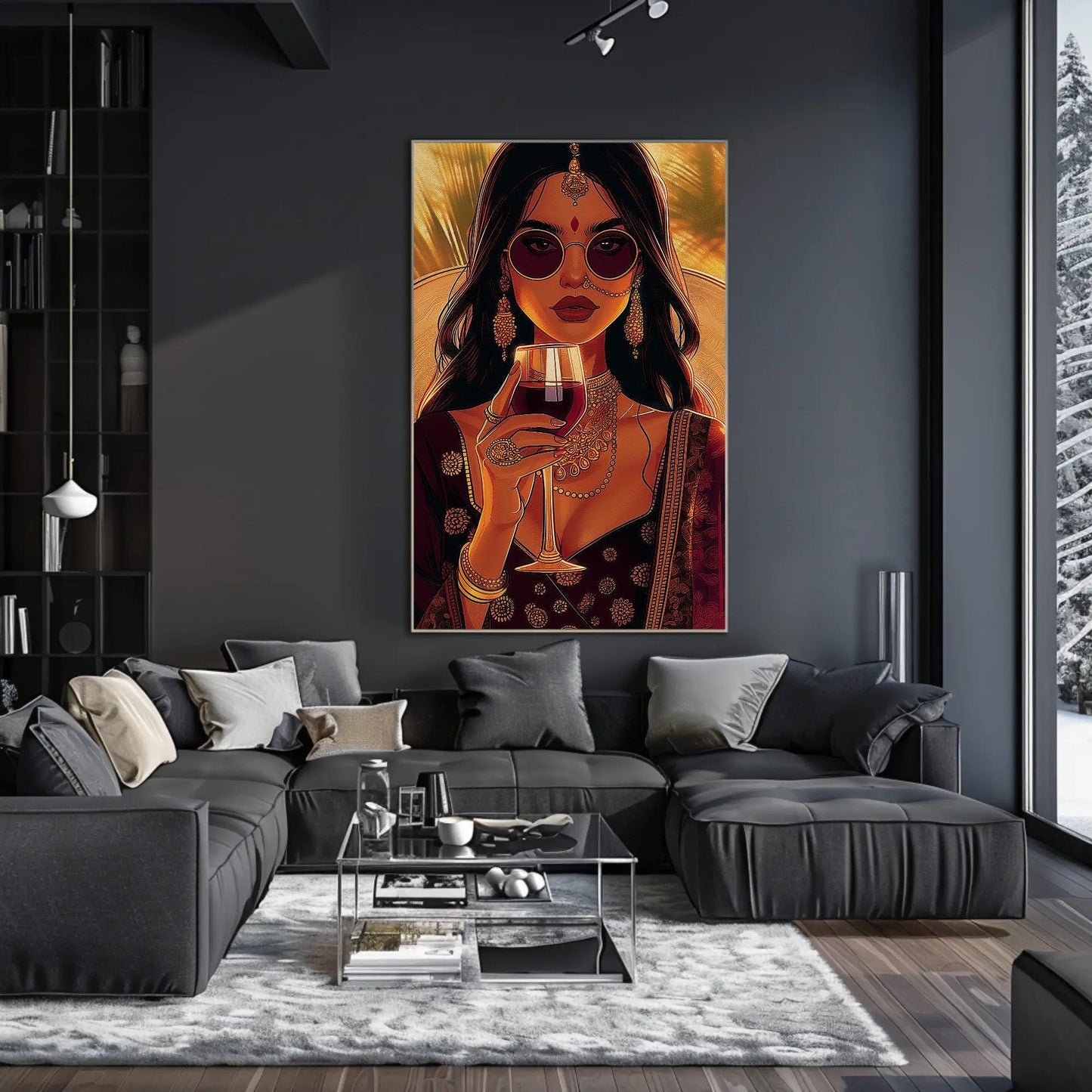 Indian Woman Wine Art – Framed Canvas Print | Stylish Desi Wall Art Decor - Antarmada