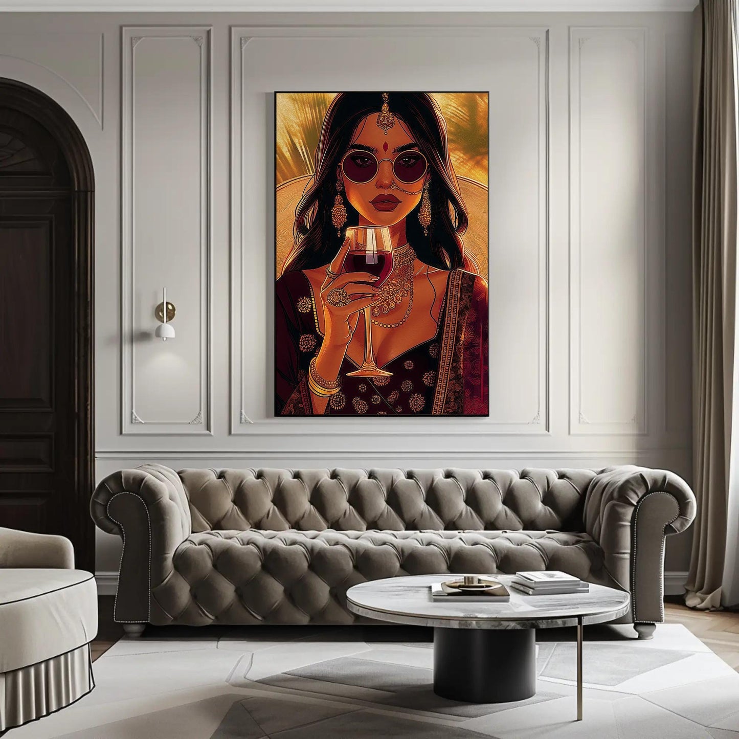 Indian Woman Wine Art – Framed Canvas Print | Stylish Desi Wall Art Decor - Antarmada